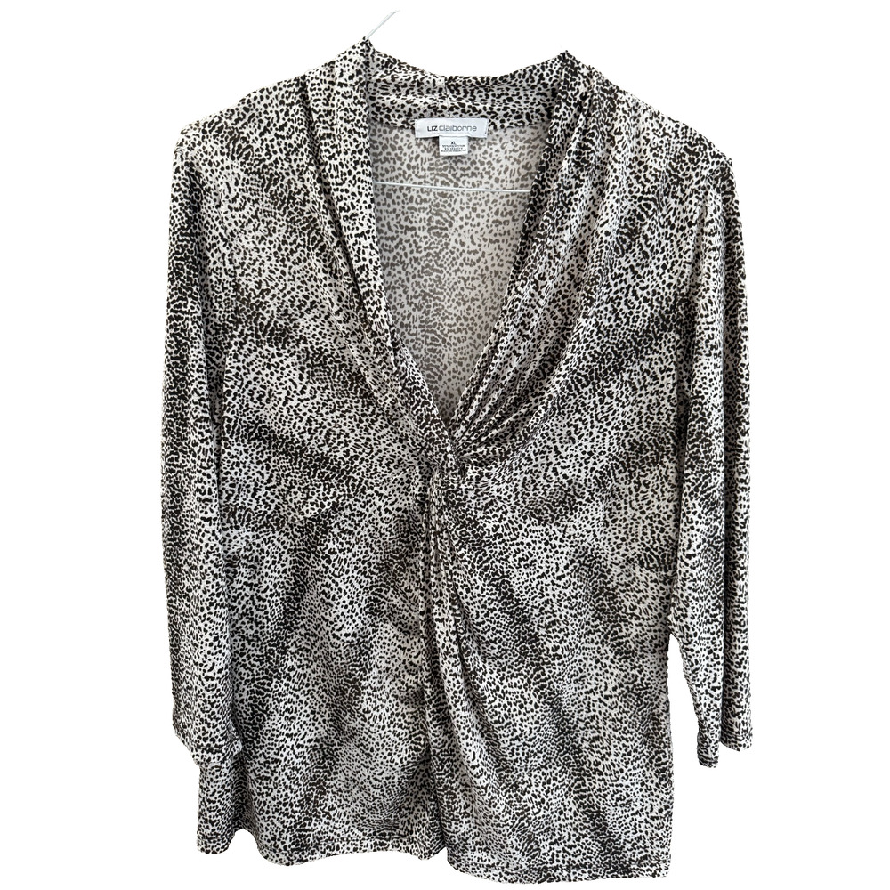 Liz Claiborne XL Set of 2 Workwear Blouses Brown Animal Print/Blue Geometric